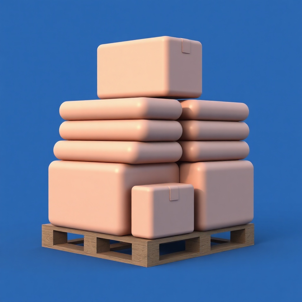 Style: soft 3D clay render, matte rubber material, a neat stack of simplified rounded cargo boxes on a pallet, monochromatic royal blue background
